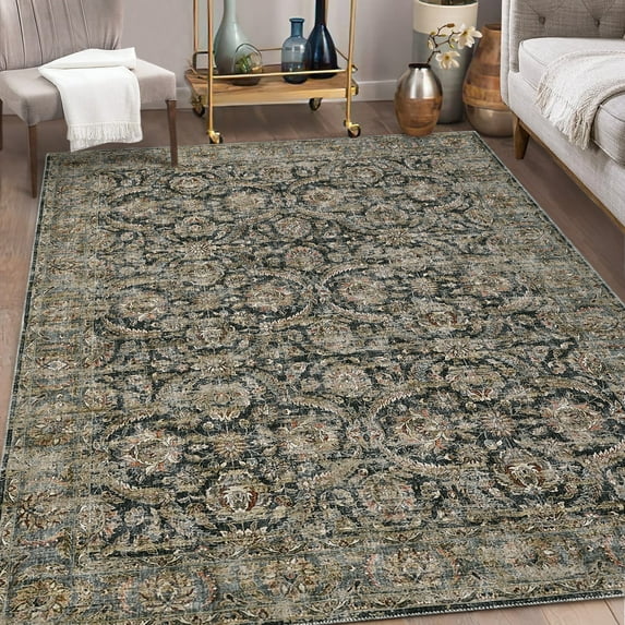 Yesfashion Carpets Area Rugs Washable 4'*6' Vintage Distressed Area Rug Floral Throw Rugs Stain Resistant Non-Shedding Soft Foldable Accent Rug Home Decoration,Black D Black 4*6ft