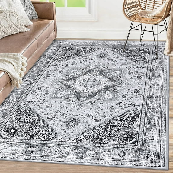 Yesfashion Carpets Area Rugs Washable 4'*6' Vintage Persian Area Rug Machine Floral Rug Oriental Medallion Rugs Indoor Boho Foldable Accent Rug Bedroom,Gray grey A