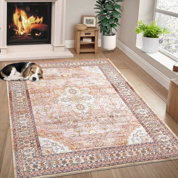 Yesfashion Carpets Area Rugs Washable 5'*7' Area Rug Boho Carpet Vintage Persian Floral Rug Low Pile Stain-Resistant Rug Soft Foldable Accent Rug Living Room Rug,Orange Brown tone 5*7ft