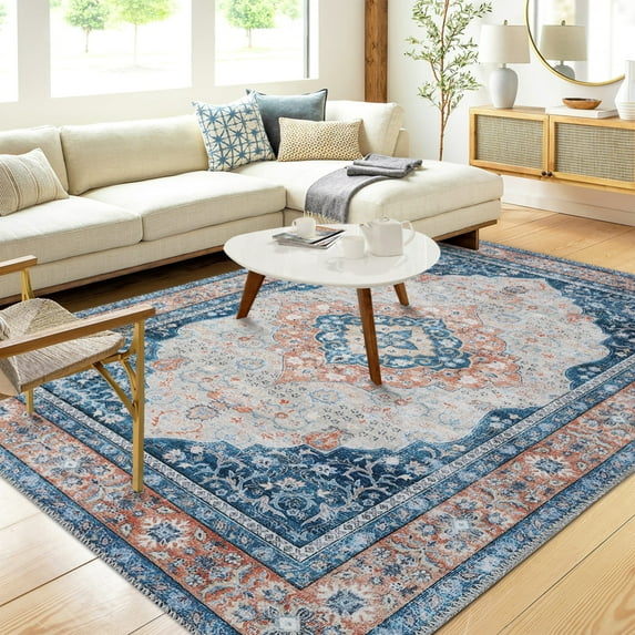 Yesfashion Carpets Area Rugs Washable 5'*7' Machine Area Rug Vintage Rug Distressed Medallion Rug Non-Slip Stain Resistant Accent Rug Carpet for Dining Room Office,Blue Blue Orange 5'*7'