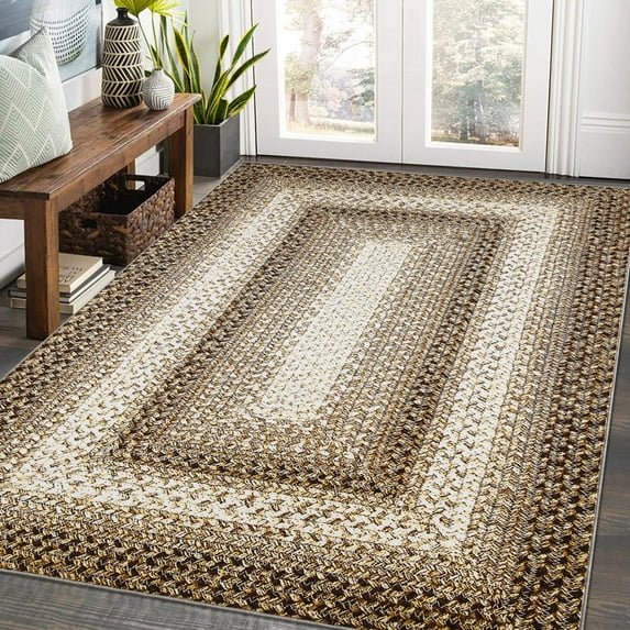 Yesfashion Carpets Area Rugs Washable 5'*7' Rug Braided Printed Area Rug Modern Indoor Floor Carpet Rustic Accent Rug Low Pile Non-Slip Rug Bedroom,Taupe rice 5*7ft