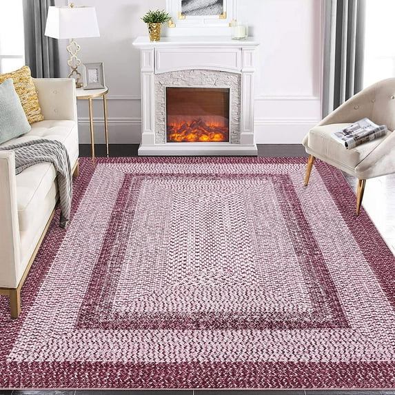 Yesfashion Carpets Area Rugs Washable 6'*9' Modern Braided Print Rug Low Pile Non Slip Area Rug Geometric Bordered Area Rugs for Dining Room Home Office,Pink pink 6*9ft
