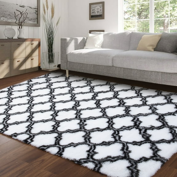 Yesfashion Carpets Area Rugs Washable 650gsm Silk Wool 7mm High rebound sponge point plastic back carpet-Geometry-square White Black 5*8ft