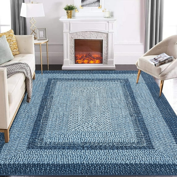 Yesfashion Carpets Area Rugs Washable 8'*10' Living Room Rug Farmhouse Braided Print Carpet Rug Non Slip Border Geometric Rug for Bedroom,Gray Blue Gray blue 8*10ft
