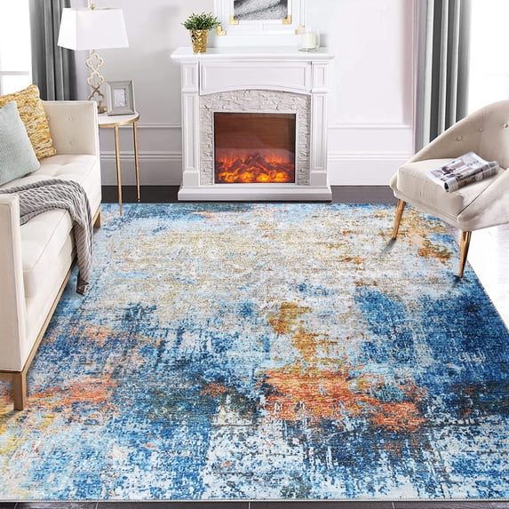 Yesfashion Carpets Area Rugs Washable 8'*10' Modern Abstract Rug Distressed Rug Bedroom Stain Resistant Thin Home Decor Rug for Home,Blue/Orange Blue Orange 8*10ft