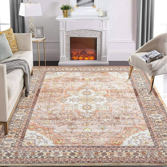 Yesfashion Carpets Area Rugs Washable 8'*10' Vintage Persian Rug Machine Boho Area Rugs Stain-Resistant Non-Shedding Rug for Dining Room Home Office,Orange Brown tone 8*10ft