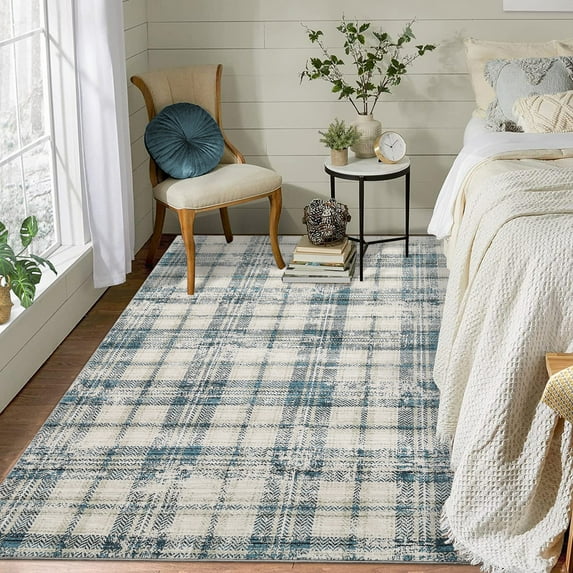Yesfashion Carpets Area Rugs Washable 9'*12' Area Rugs Modern Plaid Non-Slip Rug Farmhouse Distressed Floor Cover Bedroom Lounge Room,Beige/Blue Blue/Beige 9*12ft
