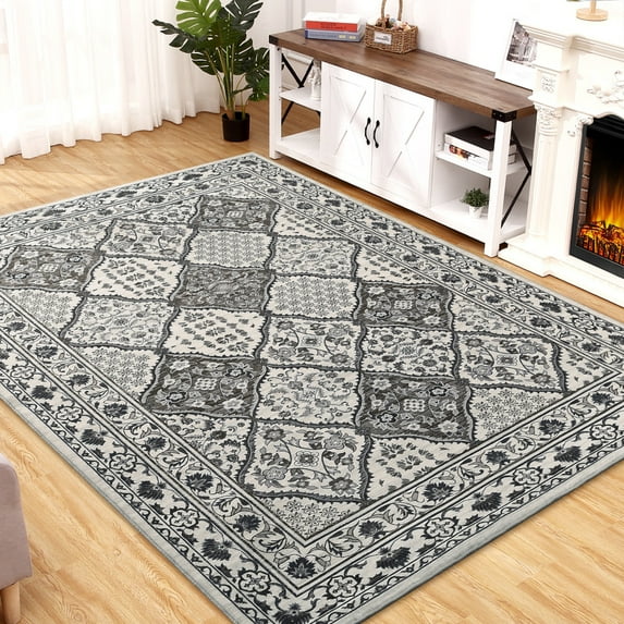 Yesfashion Carpets Area Rugs Washable 9'*12' Area Rug Vintage Persian Floral Print Rug Machine Throw Rug Moroccan Trellis Carpet Rugs Bedroom,Gray grey 9*12ft