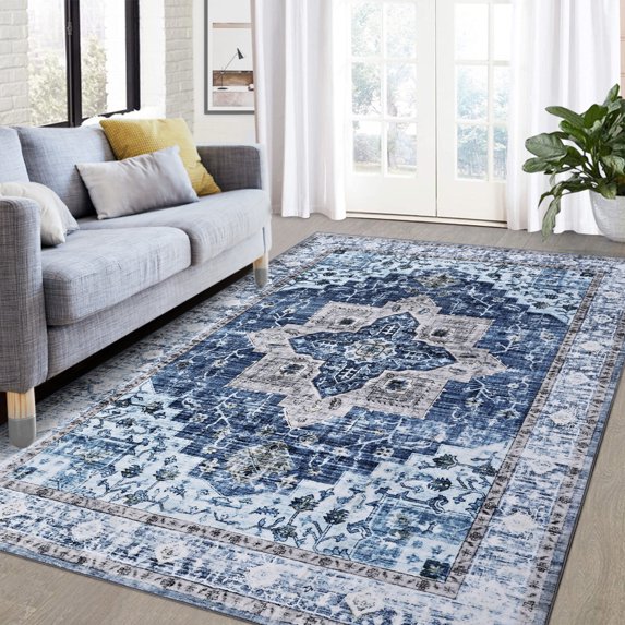 Yesfashion Carpets Area Rugs Washable 9'*12' Area Rug Vintage Persian Medallion Area Rug Boho Distressed Rug Non-Slip Low Pile Capet Rugs Bedroom,Blue blue 9*12ft