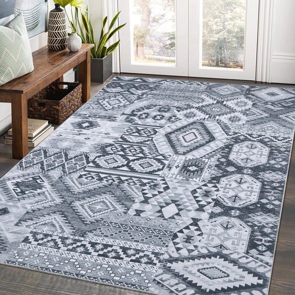 Yesfashion Carpets Area Rugs Washable Area Rug 9'*12' Rugs Ethnic Tribe Pattern Rug Bohemian Carpet Non-Slip Low Pile Rug,Gray grey 9*12ft