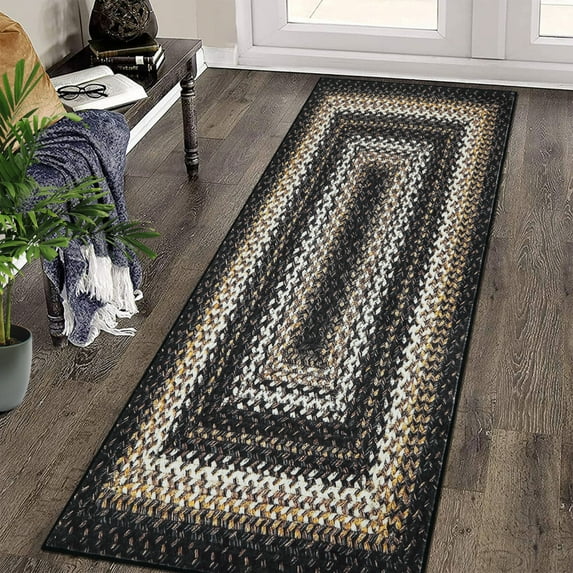 Yesfashion Carpets Area Rugs Washable Braided Printed Runner Rug 2*6 Boho Runner Rug Modern Rustic Geometric Rug Runner for Laundry Kitchen,Black black 2*6ft