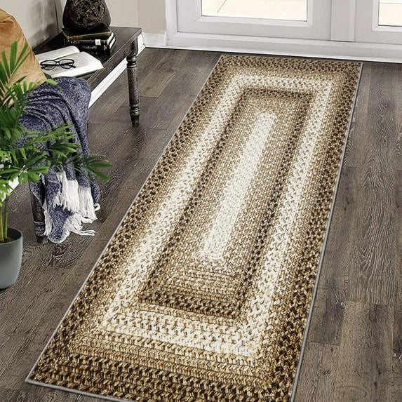 Yesfashion Carpets Area Rugs Washable Braided Printed Runner Rug 2*6 Boho Runner Rug Modern Rustic Geometric Rug Runner for Laundry Kitchen,Taupe rice 2*6ft