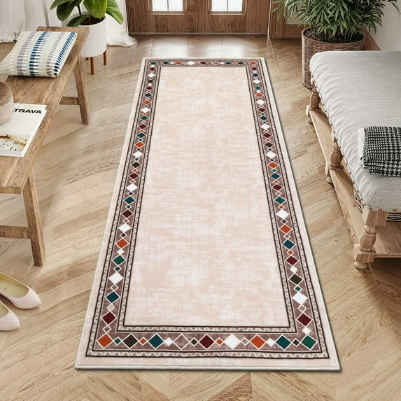 Yesfashion Carpets Area Rugs Washable Hallway Runner Rug 2'*6' Border Rug Non-Slip Kitchen Rug Geometric Border Entryway Rug Runner for Bedroom,Beige Beige 2*6ft 61*183cm)