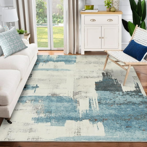 Yesfashion Carpets Area Rugs Washable Modern Abstract Beige Blue Area Rug,8*10 Stain Resistant Floor Mat,Non-Shedding,Non-Slip Backing Carpet Bedroom Dining Room Office Beige blue 8*10ft