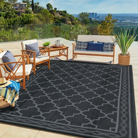 Yesfashion Carpets Area Rugs Washable Outdoor Rug for Patios Waterproof Reversible Rug Geometric Rug LightRug Plastic Straw Outdoor Rug black+gray+ 20ft