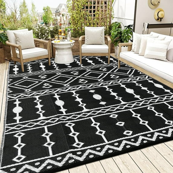Yesfashion Carpets Area Rugs Washable Outdoor Rug Waterproof, Foldable Reversible Plastic Straw Area Rugs Mat for Camper, RV Mat Outside Black and White 9*18ft