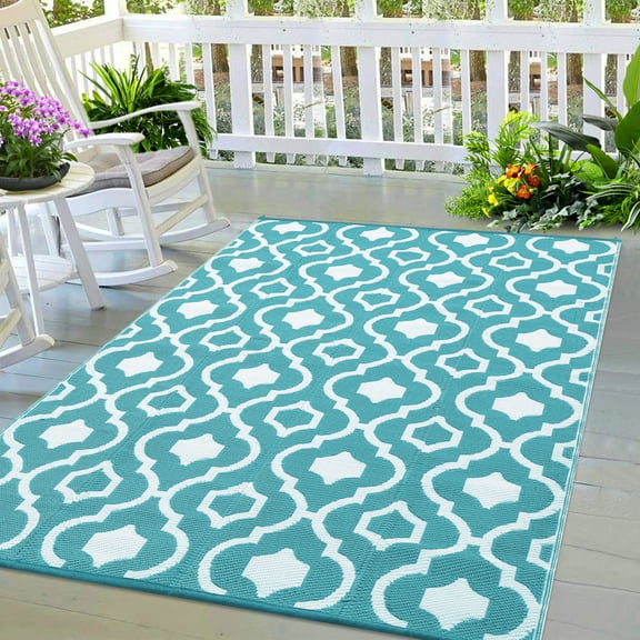 Yesfashion Carpets Area Rugs Washable Outdoor Rug Waterproof Reversible Rug for Patio,Moroccan Plastic Straw Rug Portable Floor Mat Light blue/white 9*12ft