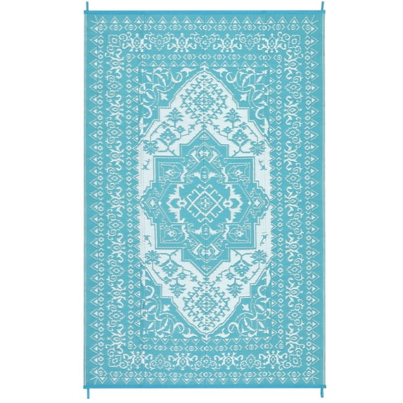 Yesfashion Carpets Area Rugs Washable Outdoor Rugs, Reversible Mats Vintage Medallion Plastic Straw Rug for Patio Waterproof Camping Rug Light blue/white 9*12ft