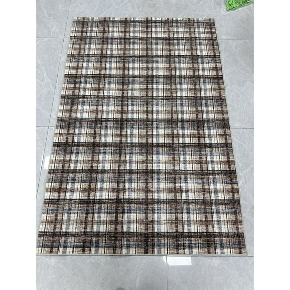 Yesfashion Carpets Area Rugs Washable Pile (Total 1200Gsm) Pearl Velvet Cotton Tpr Washed Folding Backing Carpet-Modern-British Style Blue Camel 5*7ft