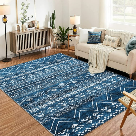 Yesfashion Carpets Area Rugs Washable Super Soft Moroccan Area Rug,Machine Boho Ultra-Thin Indoor Floor Carpet,Anti-Slip Foldable Geometric Rug Bedroom Dining Room Office Peacock Blue 5*7ft