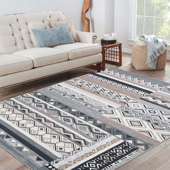 Yesfashion Carpets Area Rugs Washable Velvet (1150Gsm) Pearl Velvet Cotton Tpr Washed Folding Backing Carpet-Geometric-Green Tiles And Red Walls grey 6*9ft