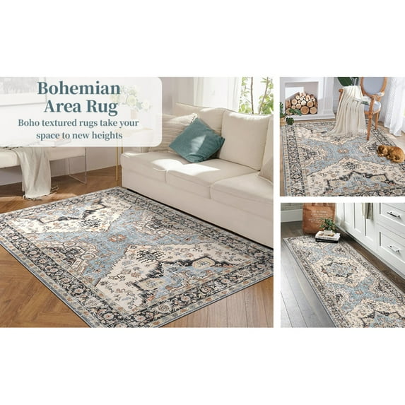 Yesfashion Carpets Area Rugs Washable Vintage Boho Runner Rug 2'*6' Floral Kitchen Bathroom Runner Rug Oriental Distressed Non-Slip Low-Pile Runner for Laundry,Blue/Beige Beige 2*6ft