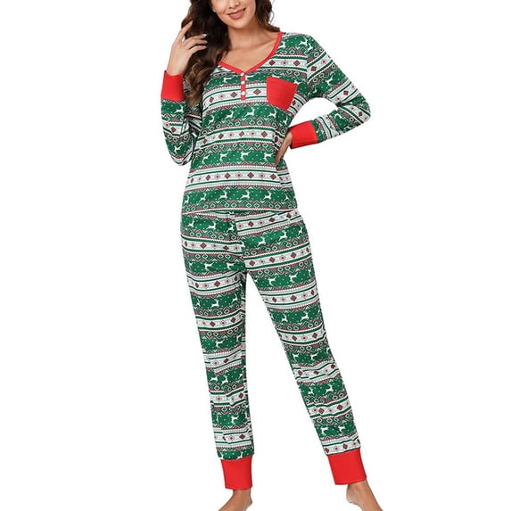 Yesfashion Christmas Pajama Set V Neck Holiday Pajamas Button Down Long Sleeve Christmas Pajamas 2 Piece PJ Set