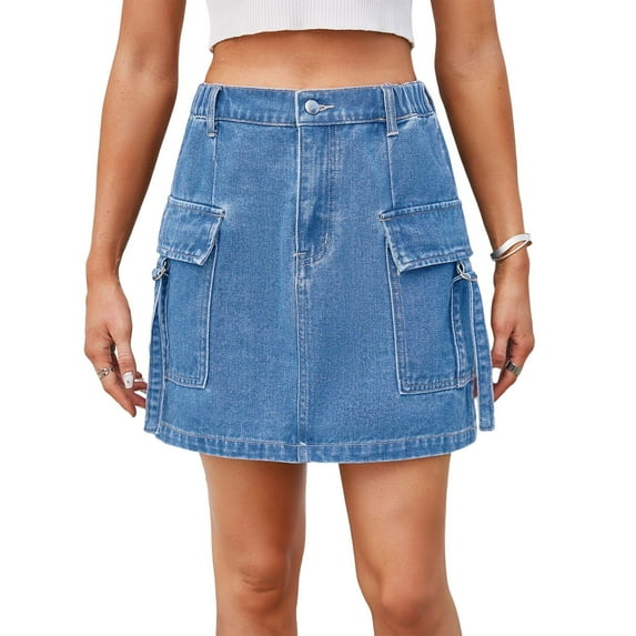 Yesfashion Clearance Jean Skirts for Women Denim Stretchy Cargo High Waisted Trendy Mini Skirt with Utility Pockets