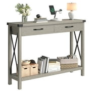 Yesfashion Console Table with 2 Drawers, Farmhouse Entryway Table with Storage Shelf, Accent Wood Sofa Table for Living Room, Hallway, Foyer-Grey
