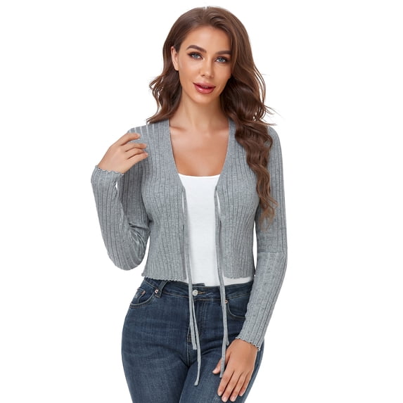 Yesfashion Cropped Cardigan For Women Casual V Neck Knitted Tie Up Open Front Shrug Sweater