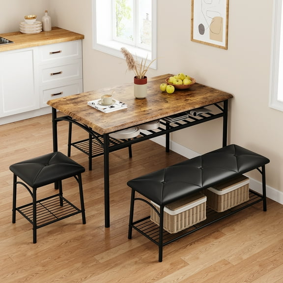 Yesfashion Dining Table Set for 4, Kitchen Table Set with Upholstered Bench and Square Stools, Metal and Wood Dining Room Table Set