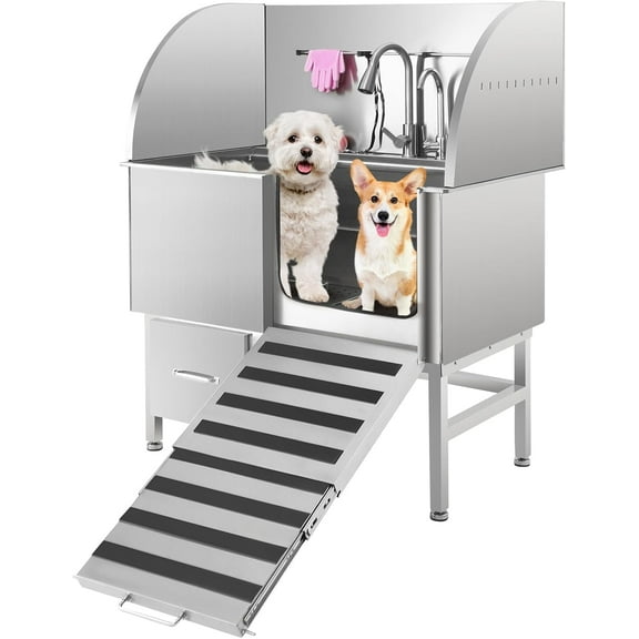 Yesfashion Dog Grooming Tub, Stainless Steel Dog Wash Station with Foldable Ramp, Storage Drawer, Floor Grate & Faucet/Dog Bathtub