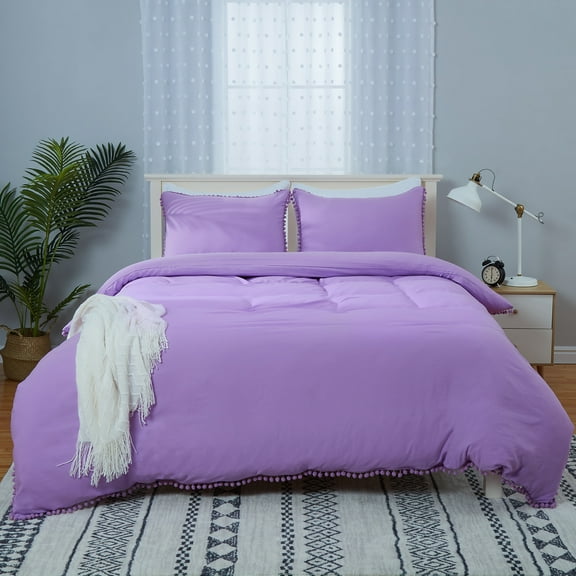 Yesfashion Duvet Cover Set, 3 Pieces Soft Washed Microfiber Pom Pom Fringe Duvet Cover Set for All Season with Zipper Closure