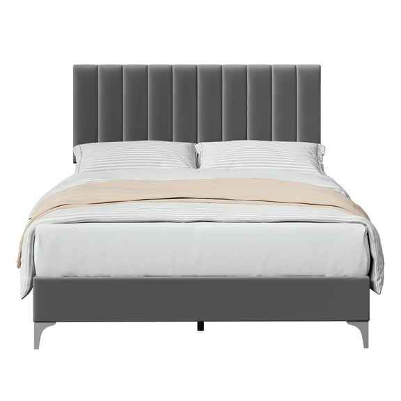 Yesfashion FUll Bed Frame Modern Velvet Upholstered 11 Inch Bed Frame with Headboard No Box Spring Needed,Grey