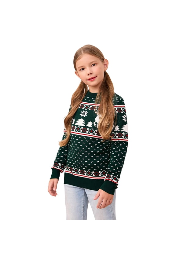 Family Christmas Sweater Crew Neck Reindeer Snowflakes Knitted Pullover for Kids