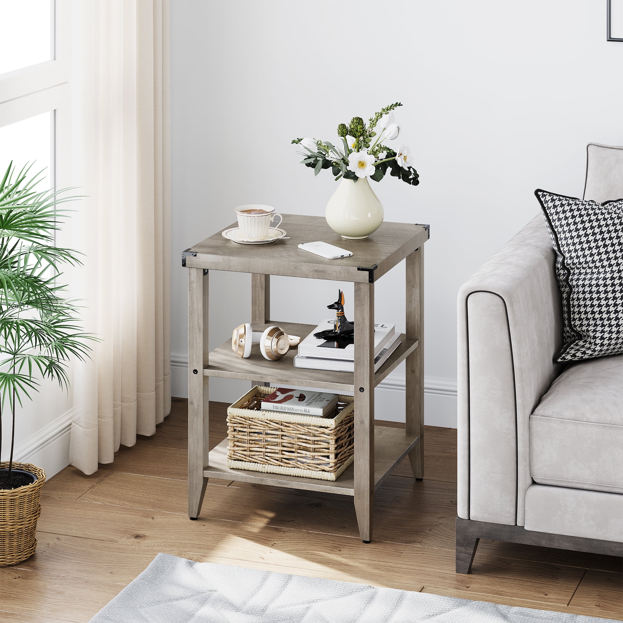 Yesfashion Farmhouse End Table Rustic Side Table with Storage Shelf for ...