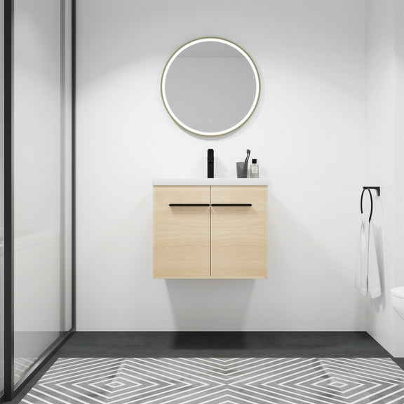 Yesfashion Floating Bathroom Vanity with Ceramics Countertop Sink,Wall Mounted 2 Doors Bathroom Storage Cabinet Set,Enclosed Storage Space,Hanging Bath Cabinet