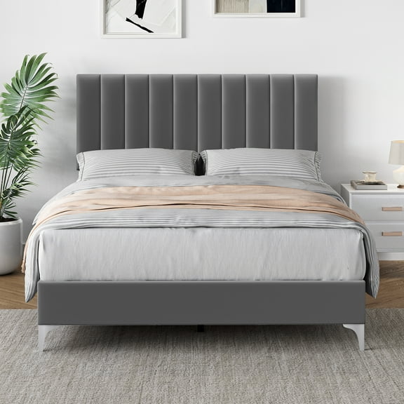 Yesfashion Full Bed Frame, Modern Velvet Upholstered Tufted 11 inch Bed Frame with Headboard No Box Spring Needed