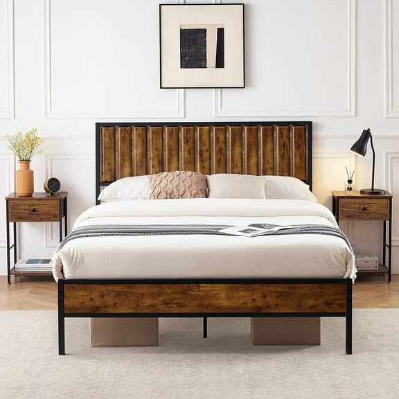 Yesfashion Full Size Bed Frames with Wood Headboard and Footboard, No Box Spring Needed, Brown