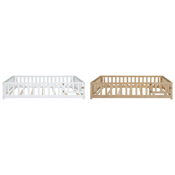 Yesfashion Full Size Floor Platform Bed with Fence And Door, Wooden Floor Bed Frame with Support Slats for Boys Girls Bedroom Furniture, Easy To Assembly