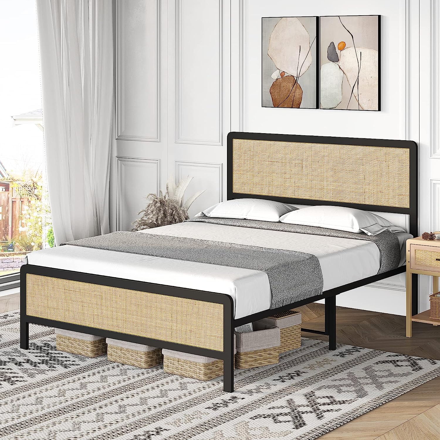 Full Size Black Metal Bed Frame with Rattan Headboard and Storage