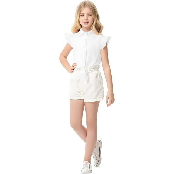 Yesfashion Girls Sleeveless Plaid Button Down Shirt Summer Crop Tops Tie Knot Ruffle Sleeve Shirt Blouse 3-12Y