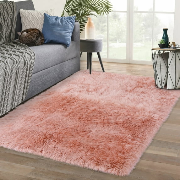 Yesfashion Home Shaggy Soft Faux Sheepskin Fur Area Rugs Floor Mat Luxury Beside Plush Shag Furry Carpet Rug Pink,5*7 Ft