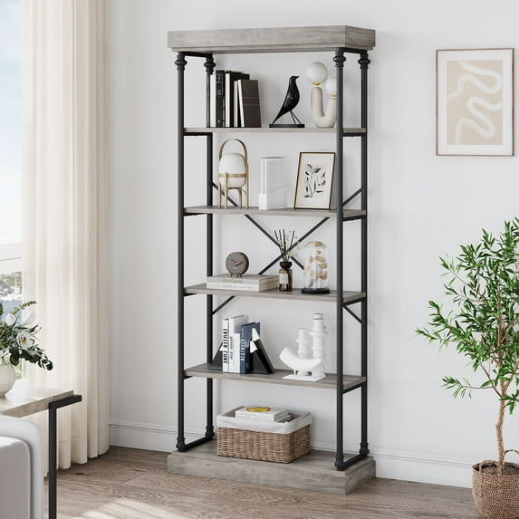 Yesfashion Industrial Bookshelf Wood Bookcase 6 Tier Storage Open Rack Shelf with Metal Frame Rustic Tall Standing Bookshelves Large Grey Display Rack,Home Office
