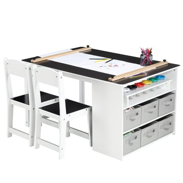 Yesfashion Kids Art Table and 2 Chairs,Toddler Craft and Play Wood Activity Table with Storage Bins, Drawing Desk, Kids Activity Table and Study Table, Activity Crafts