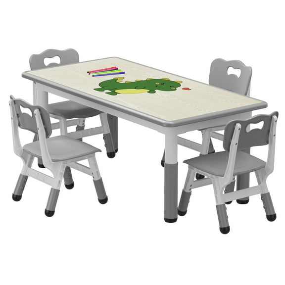 Yesfashion Kids Table and 4 Chairs Set Height Adjustable Toddler Table and Chair Set, Graffiti Desktop, Children Learn Activity Table for Kids Study Table for Home