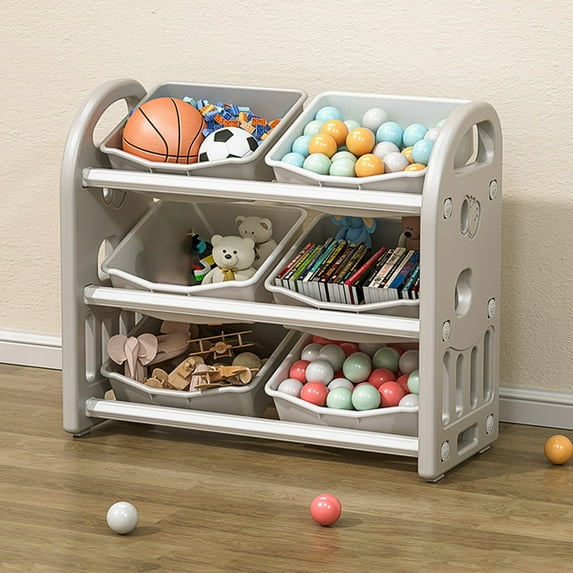 Yesfashion Kids Toy Storage Organizer with 6 Toy Bins HDPE Shelf Kids Playroom Organization Storage Bins Multi-functional Nursery Organizer for Playroom Bedroom Living Room
