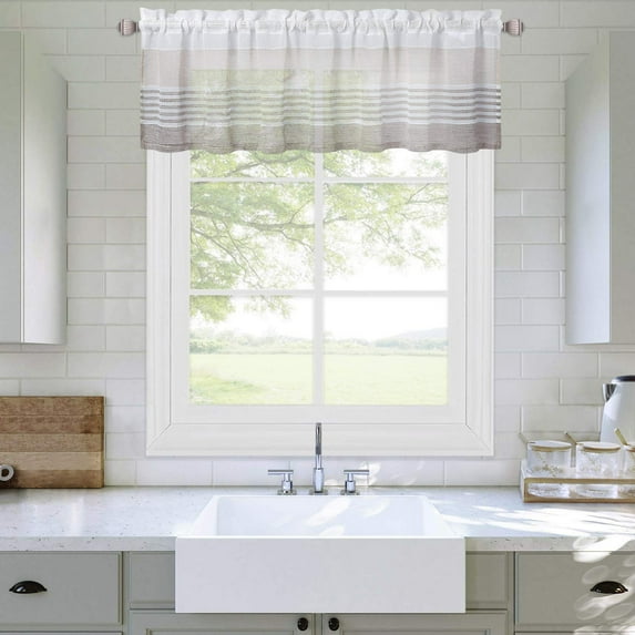 Yesfashion Kitchen Curtain Valance, Splicing Stripe Linen Textured Rod Pocket Sheer Valance Curtains for Cafe Bathroom, 1 Panel