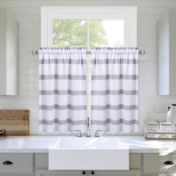 Yesfashion Kitchen Curtain, Waffle Weave Textured Yarn Dyed Striped Pattern Curtain for Bathroom Cafe Curtains, 2 Panel