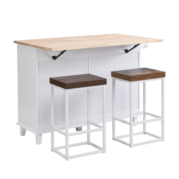 Yesfashion Kitchen Island Set With 2 Stools Adjustable Shelf Spacious Storage Space Solid Wood Storage Cabinet Dining Table